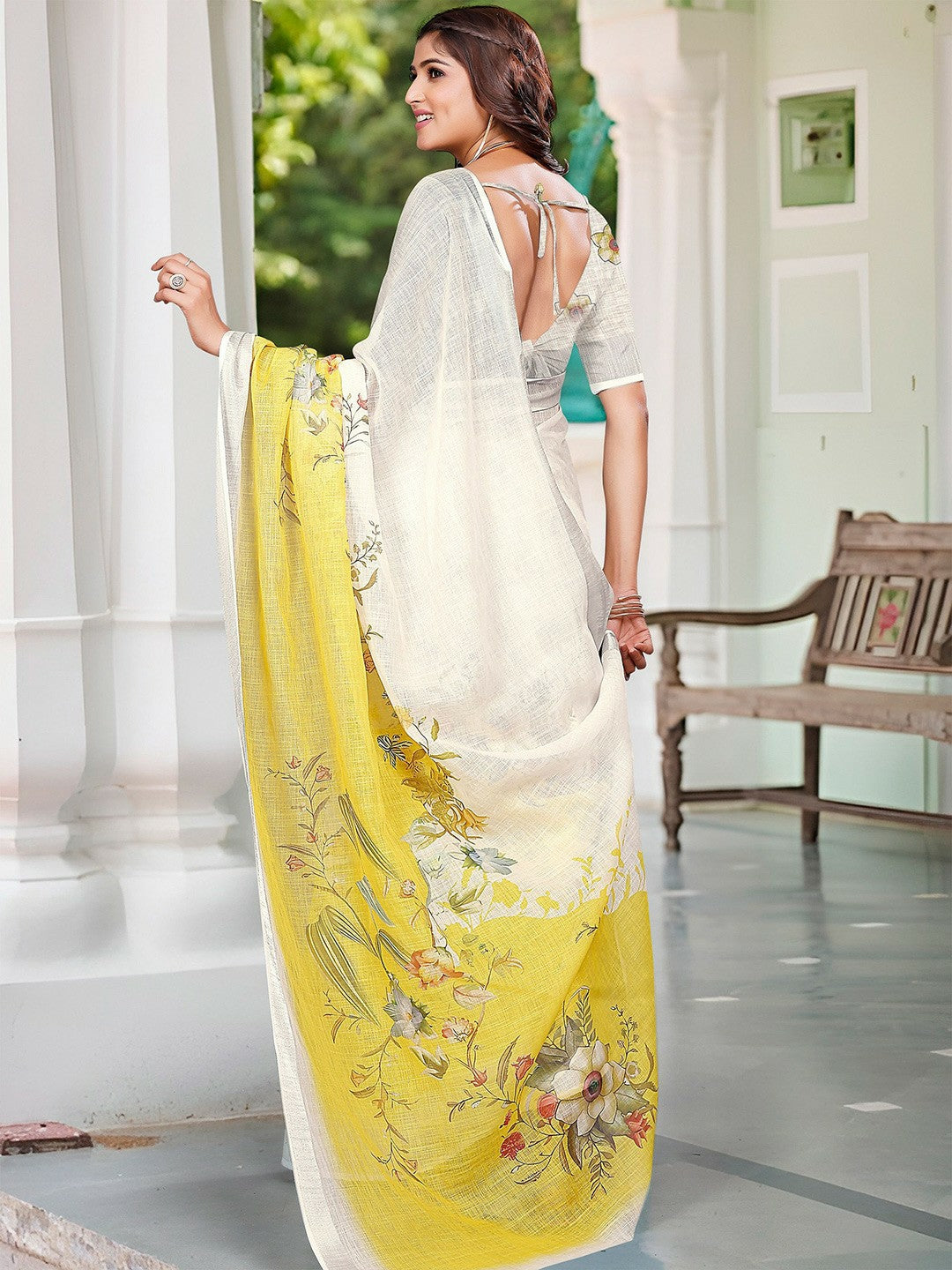 Off-White and Yellow Floral Print Saree with Contrast Border