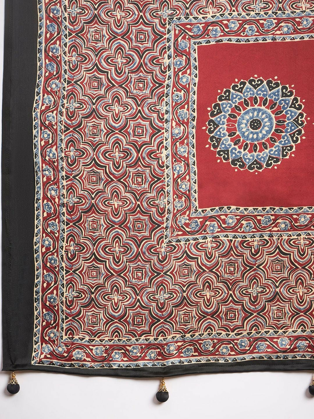 Maroon & Red Striped Block Print Saree with Solid Border