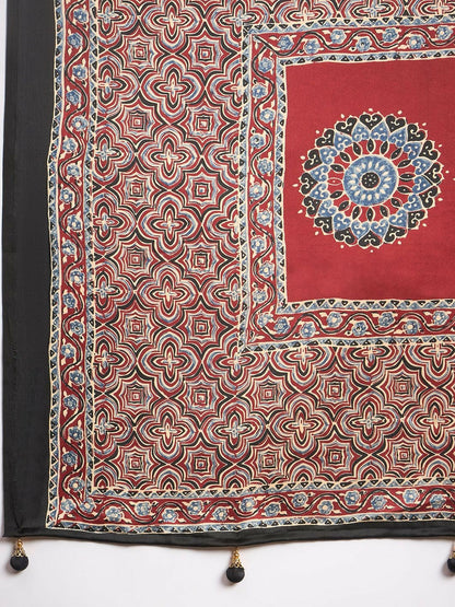 Maroon & Red Striped Block Print Saree with Solid Border