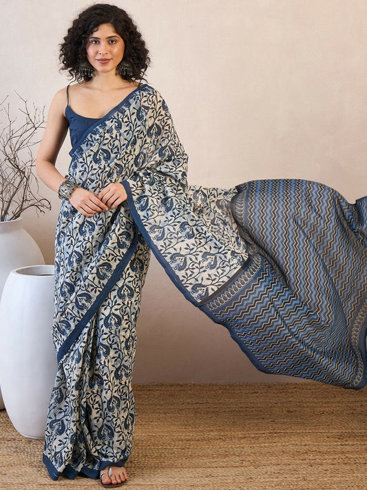 Off-White & Blue Dabu Ethnic Motifs Saree with Printed Border