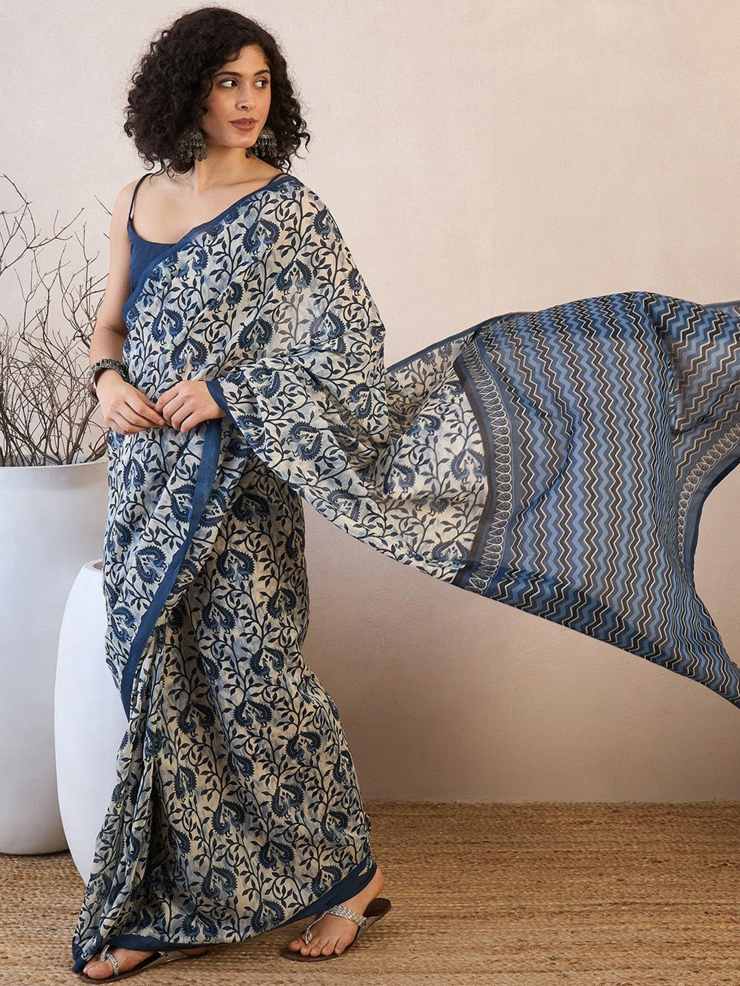 Off-White & Blue Dabu Ethnic Motifs Saree with Printed Border