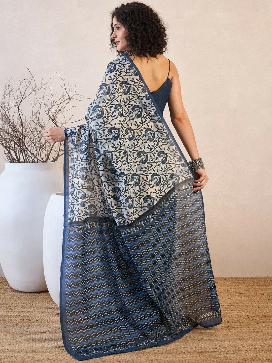 Off-White & Blue Dabu Ethnic Motifs Saree with Printed Border