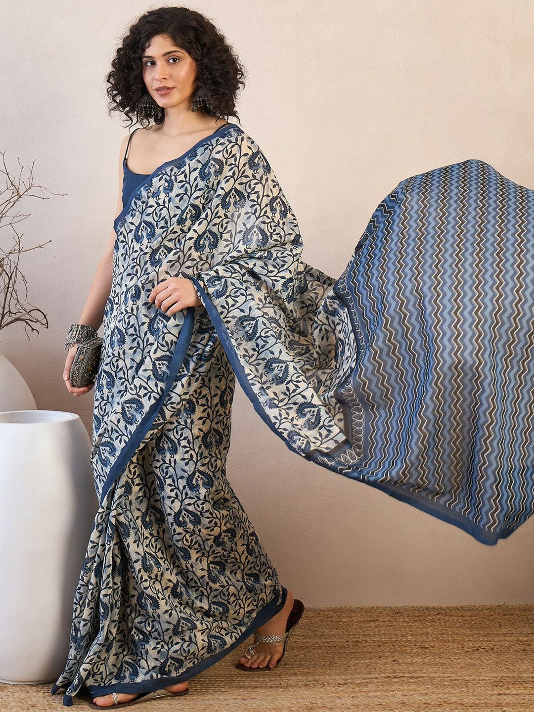 Off-White & Blue Dabu Ethnic Motifs Saree with Printed Border