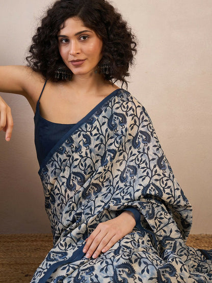 Off-White & Blue Dabu Ethnic Motifs Saree with Printed Border
