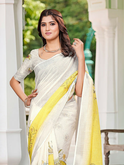Off-White and Yellow Floral Print Saree with Contrast Border