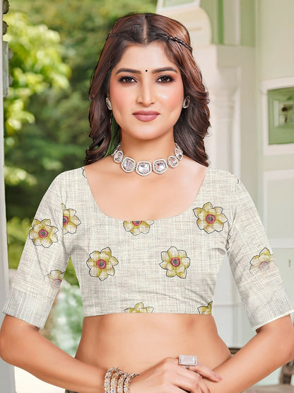 Off-White and Yellow Floral Print Saree with Contrast Border