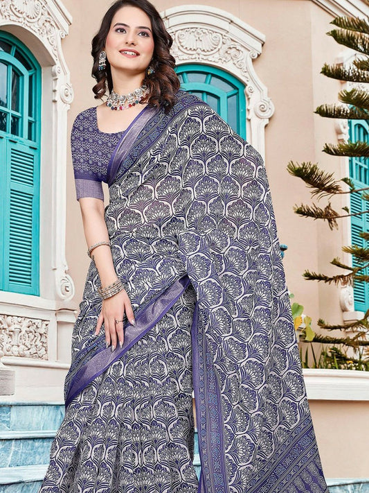 Purple and White Floral Saree with Textured Border