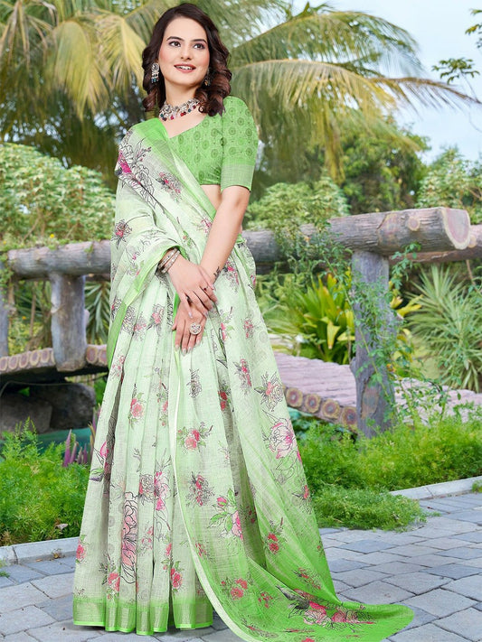 Green and Pink Floral Saree with Woven Border