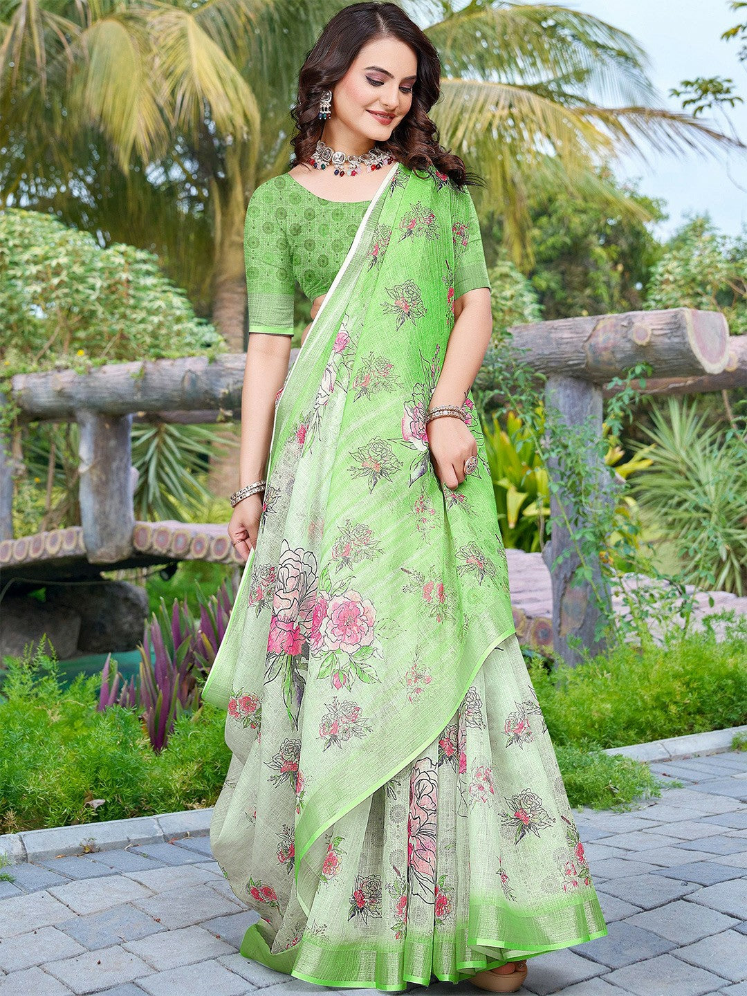 Green and Pink Floral Saree with Woven Border