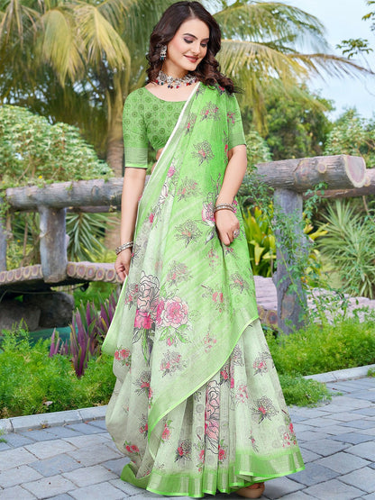 Green and Pink Floral Saree with Woven Border