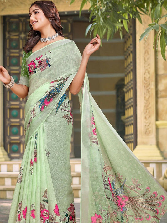 Green Floral Saree with Woven Border