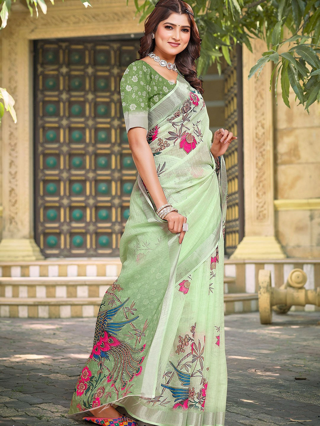 Green Floral Saree with Woven Border
