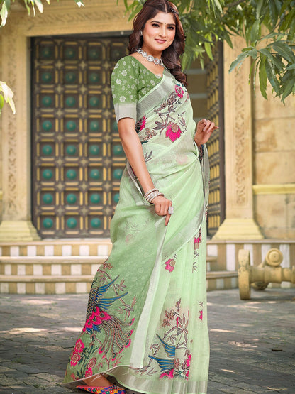 Green Floral Saree with Woven Border