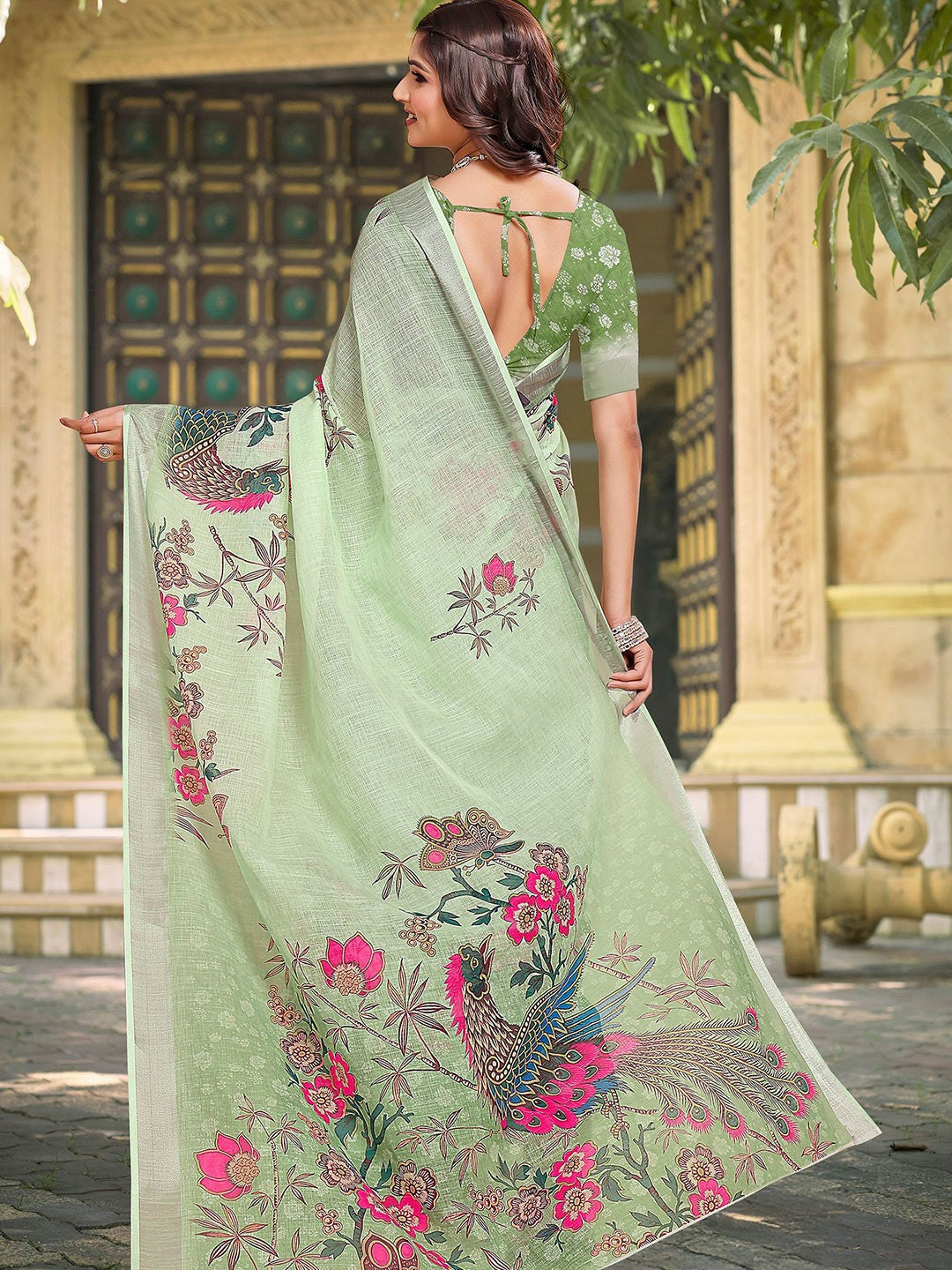 Green Floral Saree with Woven Border