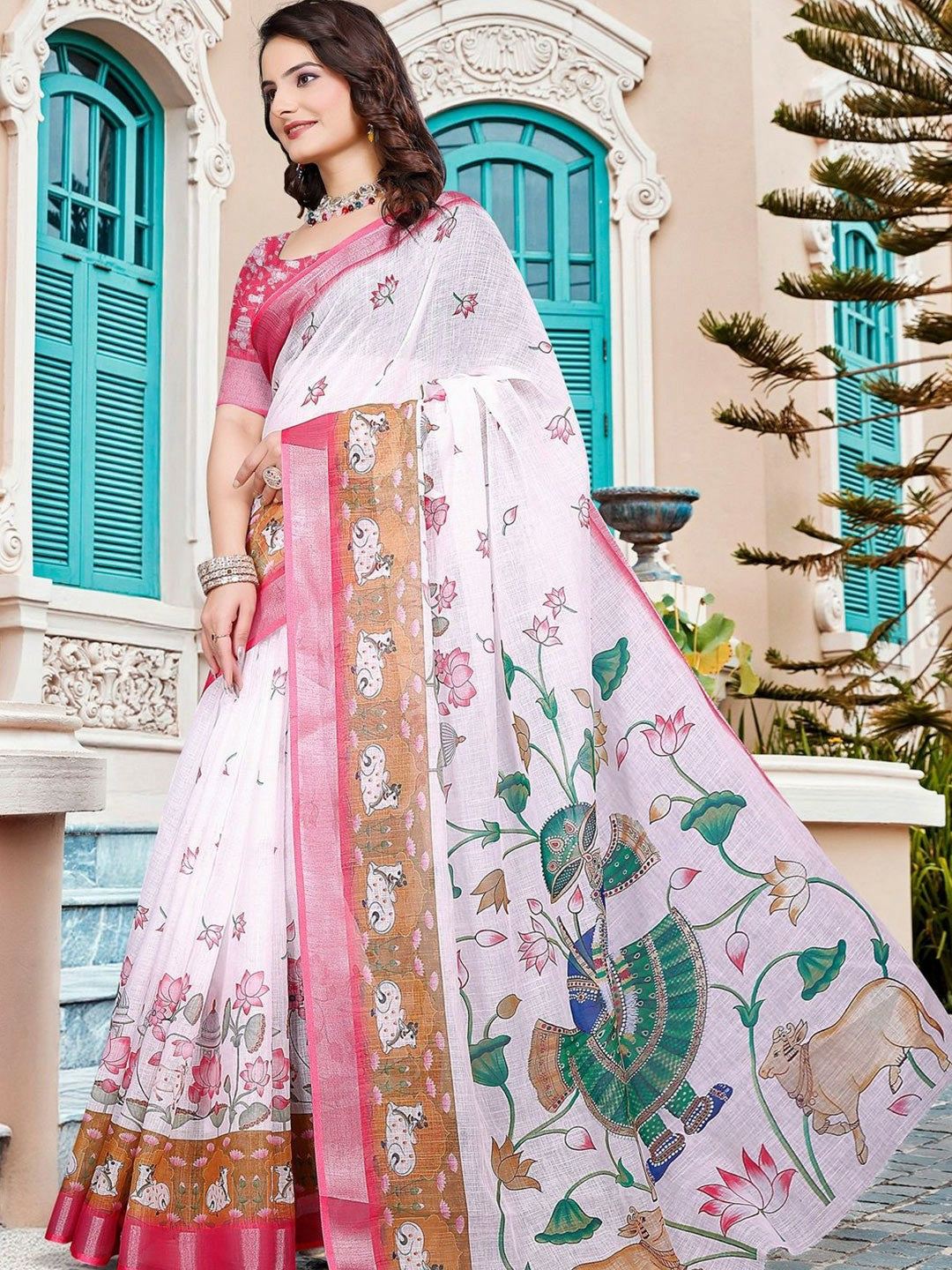 White and Pink Floral Saree with Woven Border