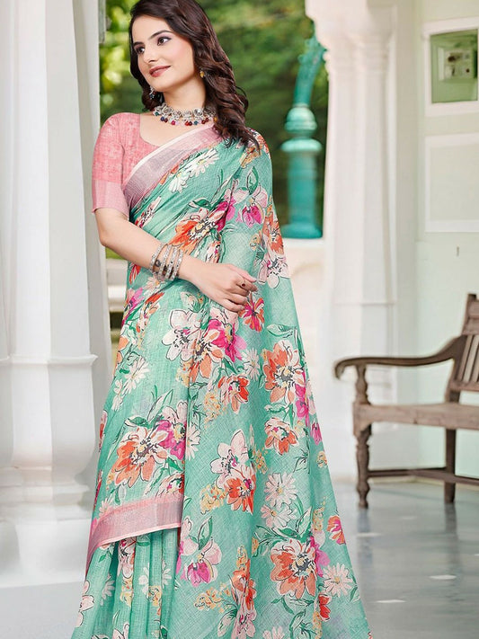 Sea Green Floral Saree with Zari Woven Border