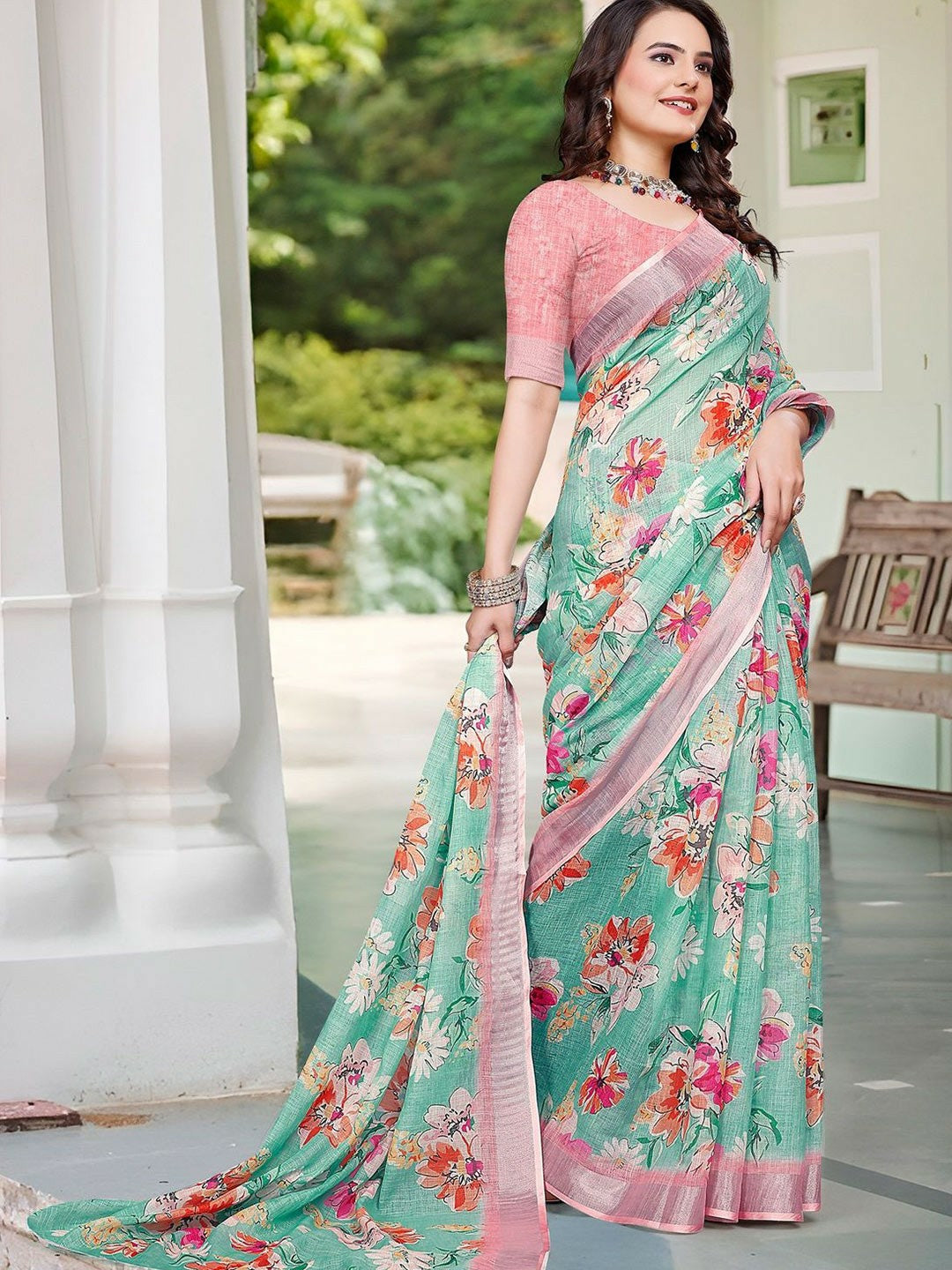 Sea Green Floral Saree with Zari Woven Border