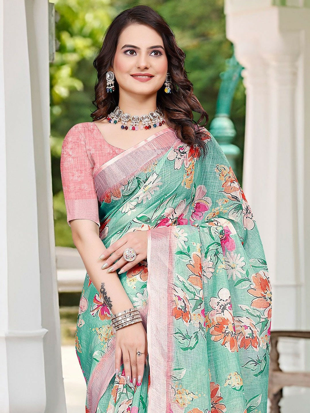 Sea Green Floral Saree with Zari Woven Border
