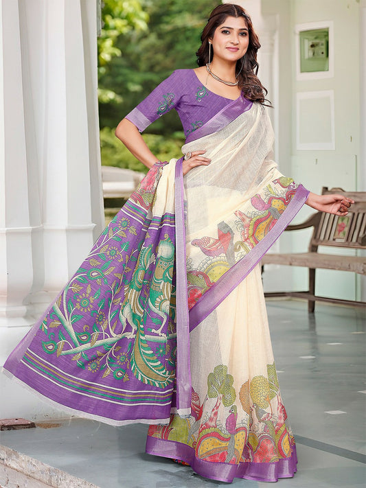 Cream Floral Saree with Silver Zari Woven Border
