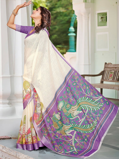 Cream Floral Saree with Silver Zari Woven Border
