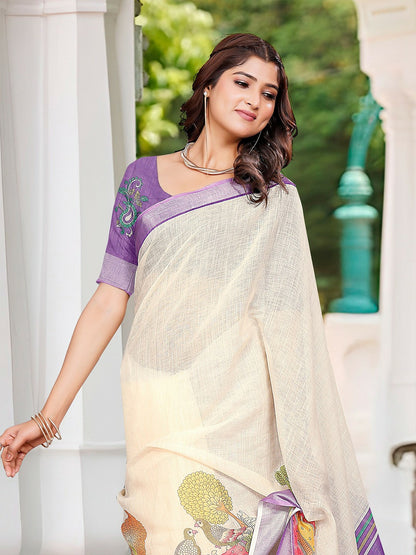 Cream Floral Saree with Silver Zari Woven Border