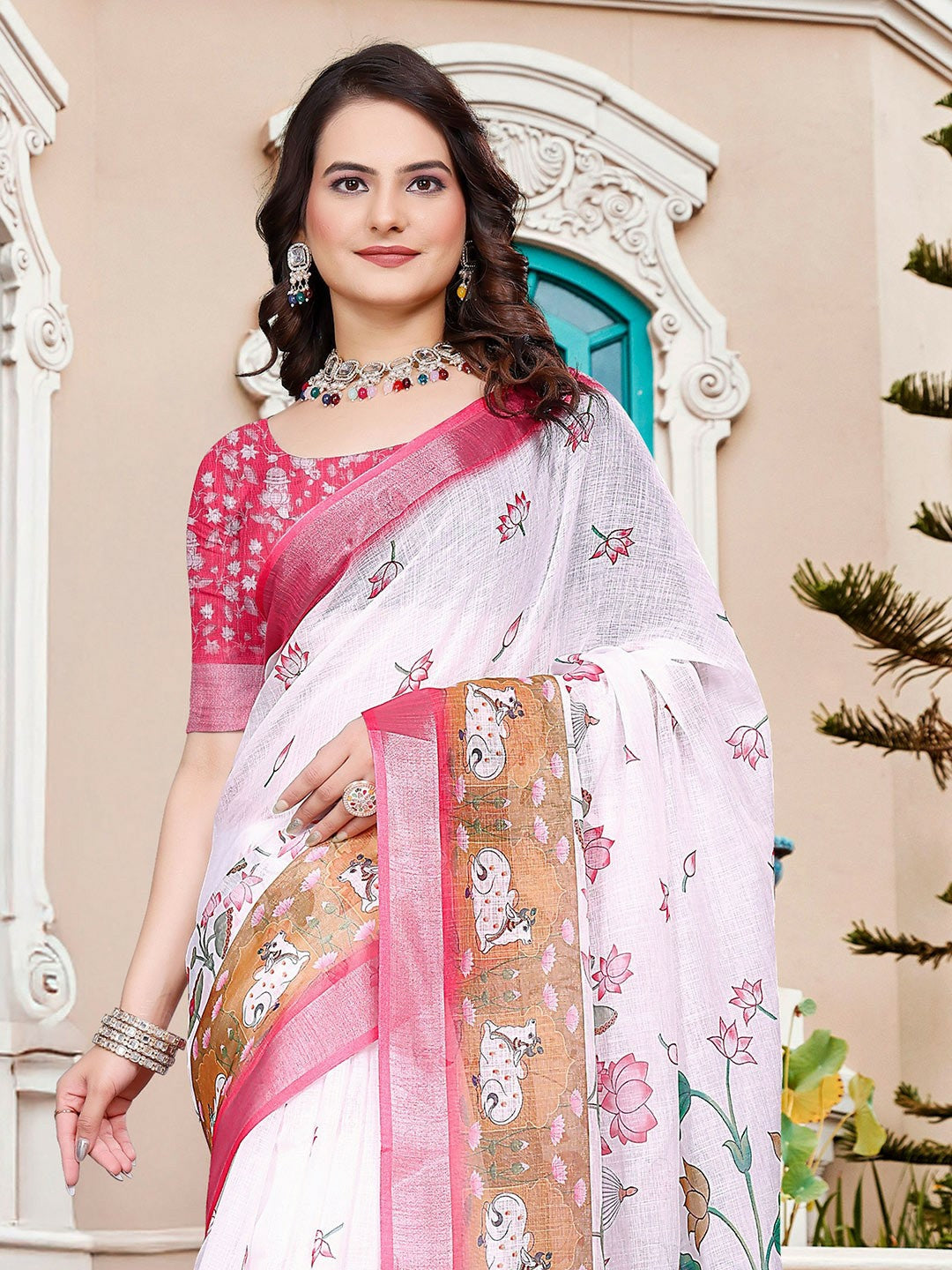 White and Pink Floral Saree with Woven Border