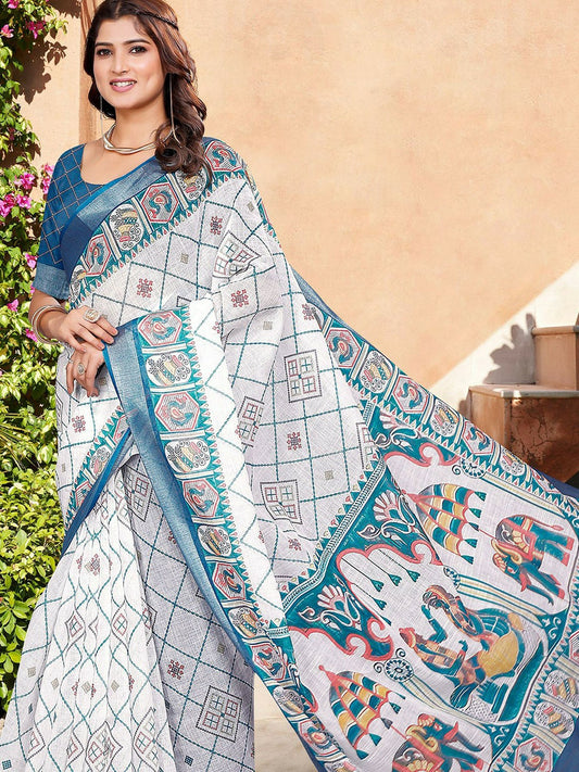 White & Blue Geometric Printed Saree with Woven Border
