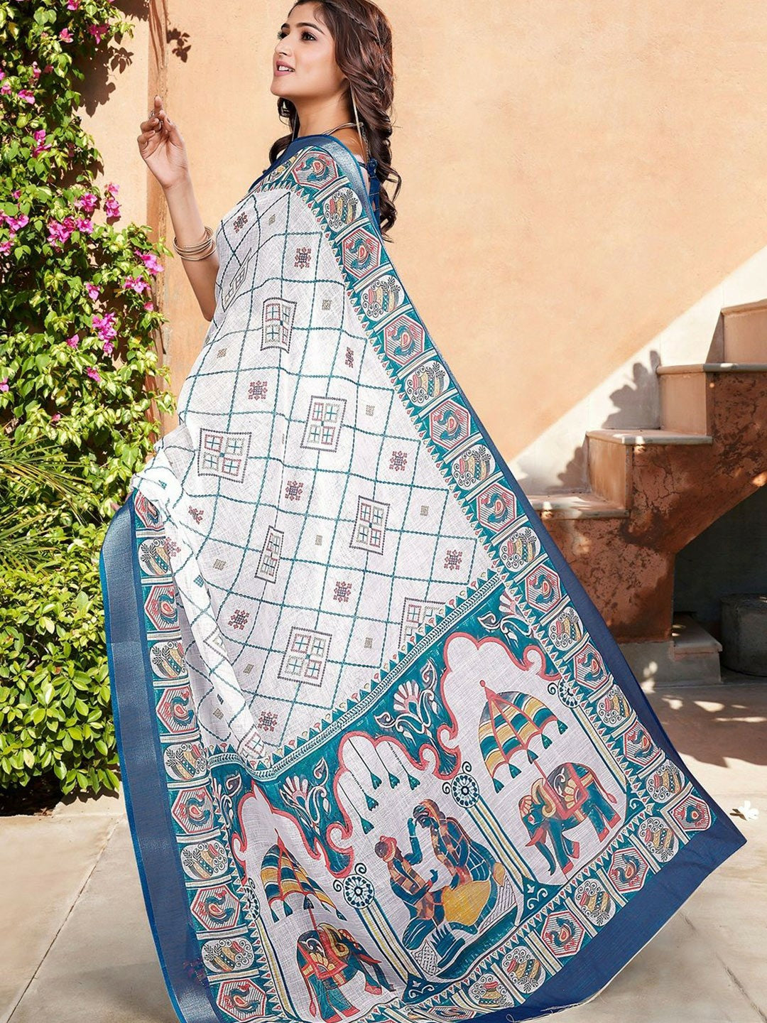 White & Blue Geometric Printed Saree with Woven Border
