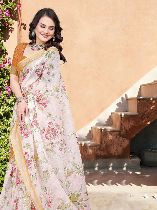 White & Pink Floral Printed Saree with Woven Border