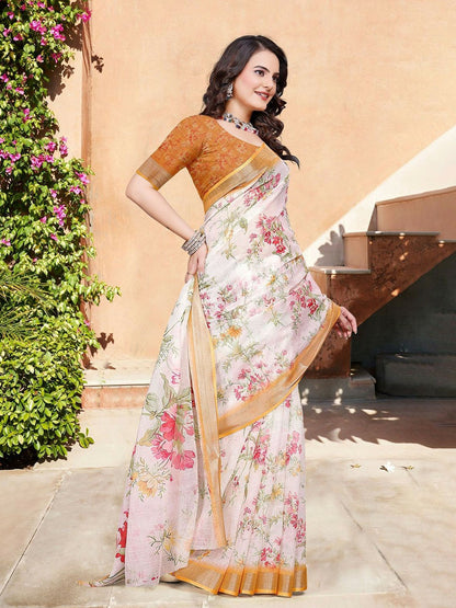 White & Pink Floral Printed Saree with Woven Border