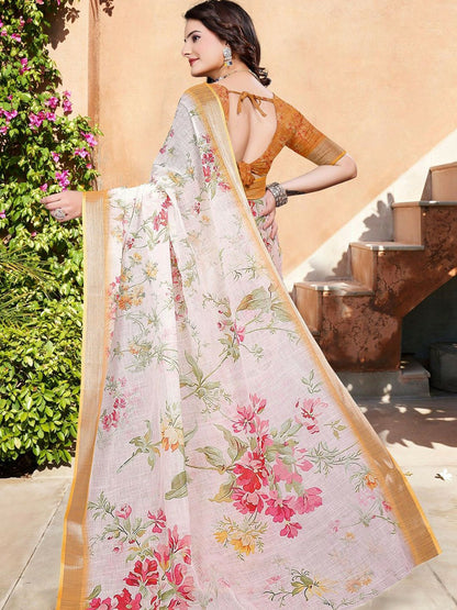 White & Pink Floral Printed Saree with Woven Border