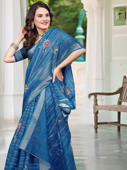 Teal & Silver Floral Printed Saree with Zari Border