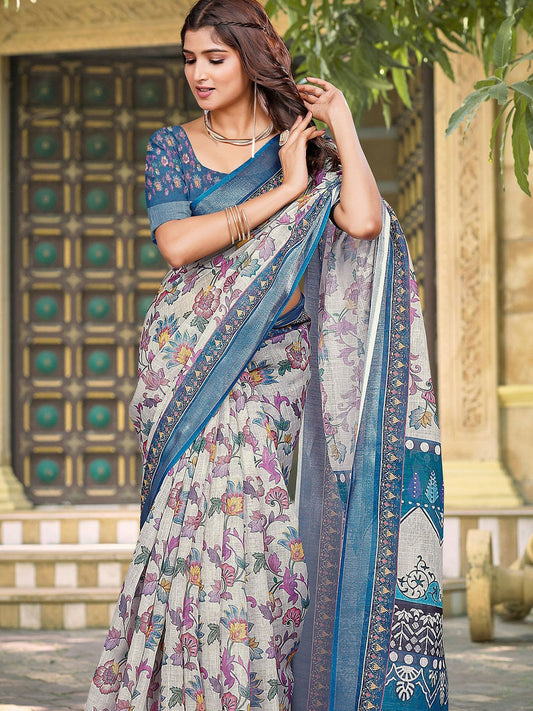 Cream & Blue Floral Printed Saree with Woven Border