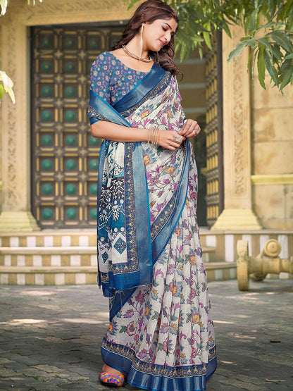 Cream & Blue Floral Printed Saree with Woven Border