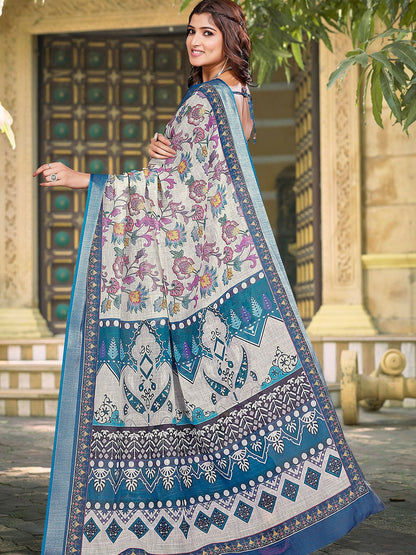 Cream & Blue Floral Printed Saree with Woven Border
