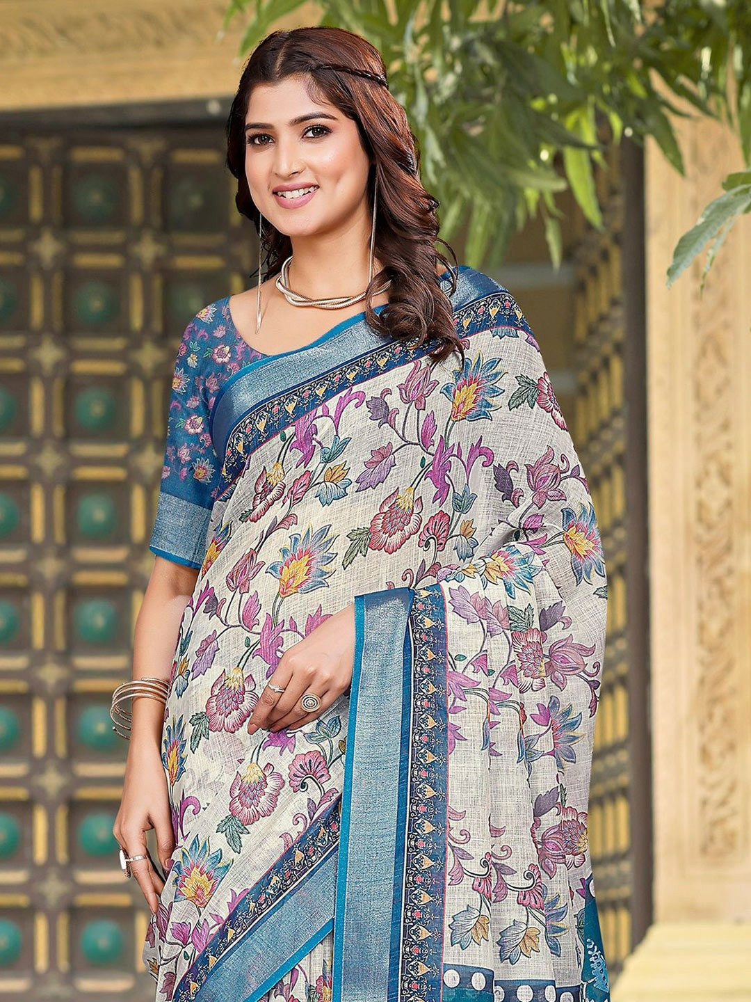 Cream & Blue Floral Printed Saree with Woven Border