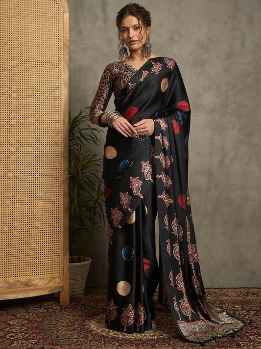 Black & Red Geometric Printed Saree with Printed Border