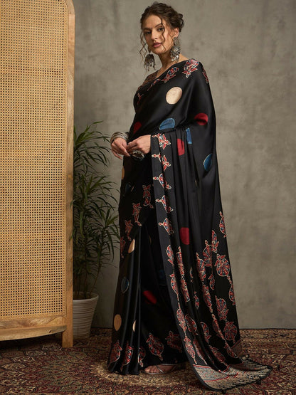 Black & Red Geometric Printed Saree with Printed Border