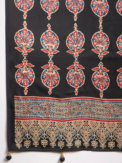 Black & Red Geometric Printed Saree with Printed Border