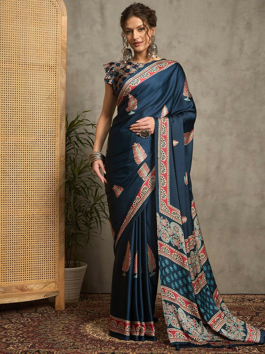 Teal & Red Block Print Saree with Ethnic Motifs and Printed Border