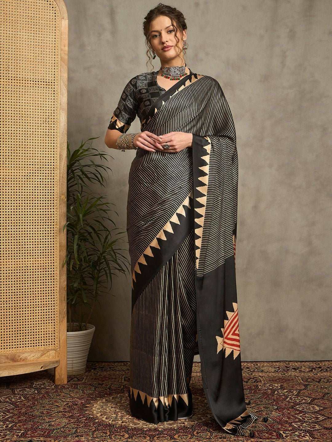 Black & Gold Striped Block Print Saree with Solid Border