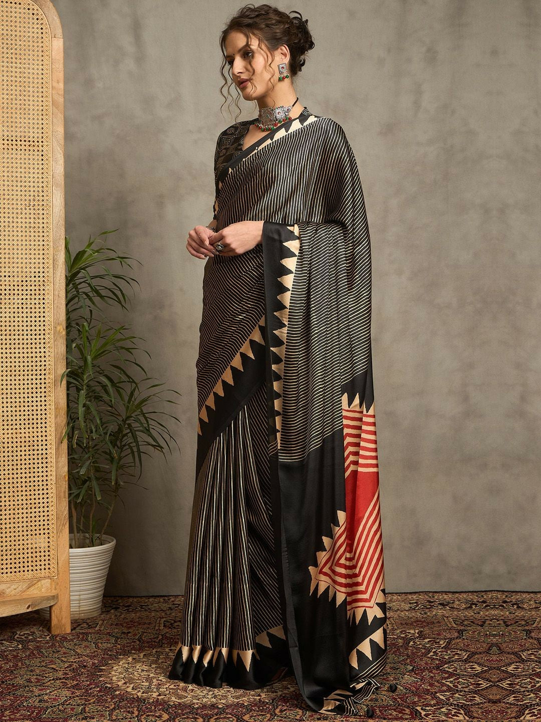 Black & Gold Striped Block Print Saree with Solid Border
