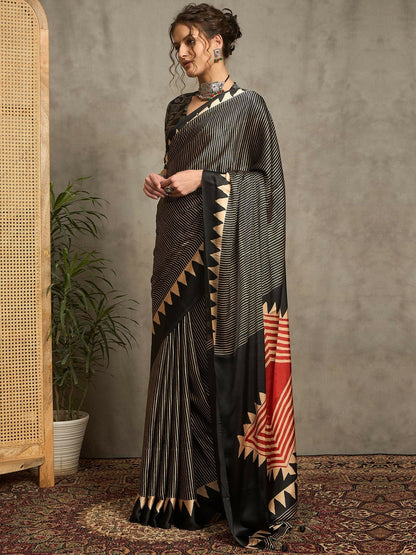 Black & Gold Striped Block Print Saree with Solid Border