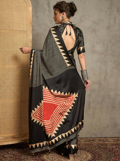 Black & Gold Striped Block Print Saree with Solid Border