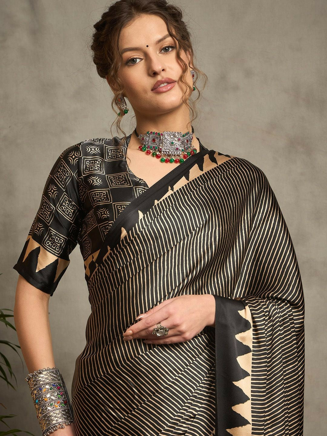Black & Gold Striped Block Print Saree with Solid Border