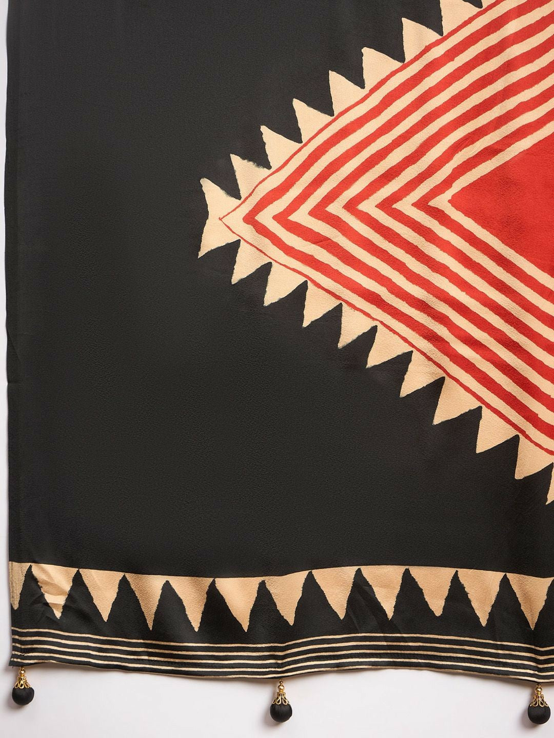Black & Gold Striped Block Print Saree with Solid Border