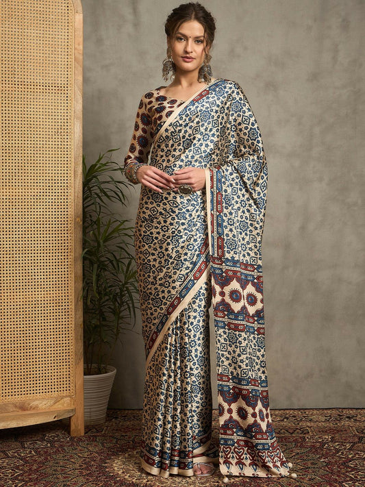 Cream & Black Ajrak Block Print Saree with Solid Border
