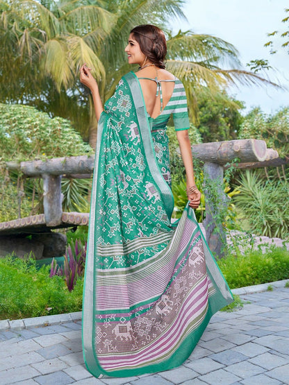 Green and White Geometric Saree with Zari Border