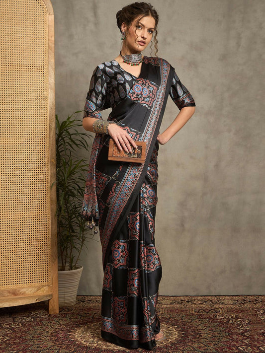 Black & Red Block Print Saree with Solid Border