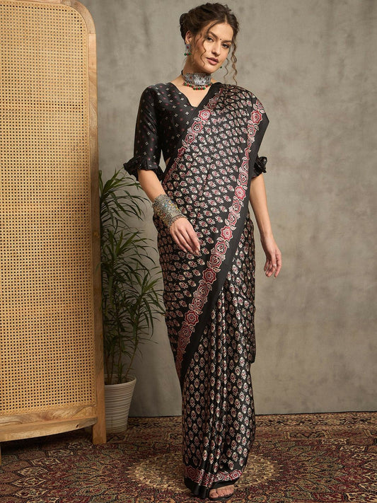 Black & Red Block Print Saree with Printed Border